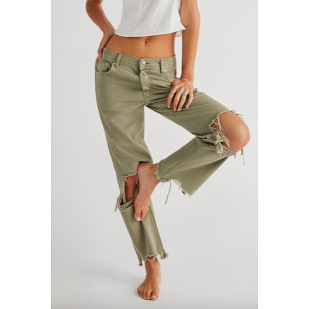WE THE FREE MAGGIE mid rise straight green denim distressed frayed hem womens 30
